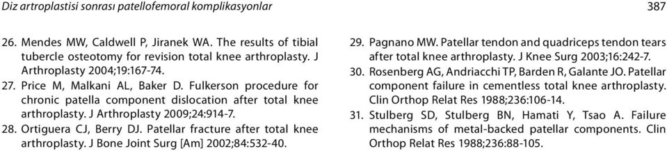 Ortiguera CJ, Berry DJ. Patellar fracture after total knee arthroplasty. J Bone Joint Surg [Am] 2002;84:532-40. 29. Pagnano MW.