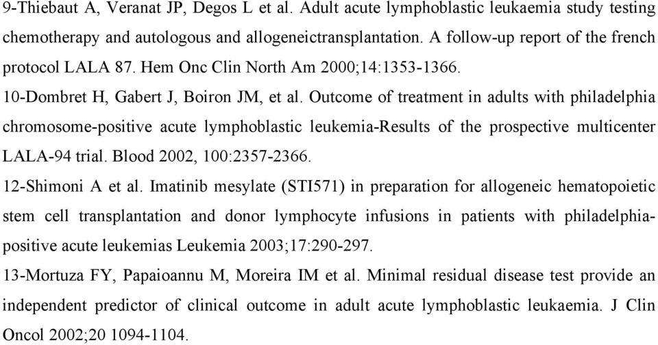 Outcome of treatment in adults with philadelphia chromosome-positive acute lymphoblastic leukemia-results of the prospective multicenter LALA-94 trial. Blood 2002, 100:2357-2366. 12-Shimoni A et al.