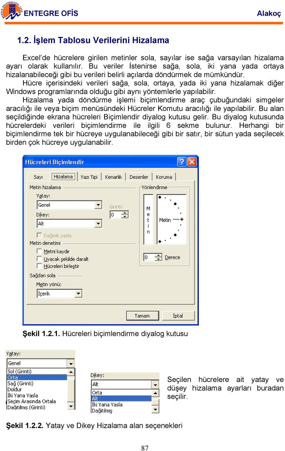 Hücre içerisindeki verileri sağa, sola, ortaya, yada iki yana hizalamak diğer Windows programlarında olduğu gibi aynı yöntemlerle yapılabilir.