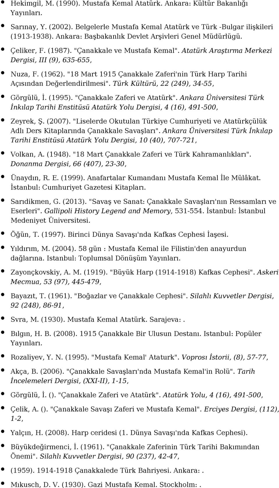 "18 Mart 1915 Çanakkale Zaferi'nin Türk Harp Tarihi Açısından Değerlendirilmesi". Türk Kültürü, 22 (249), 34-55, Görgülü, İ. (1995). "Çanakkale Zaferi ve Atatürk".