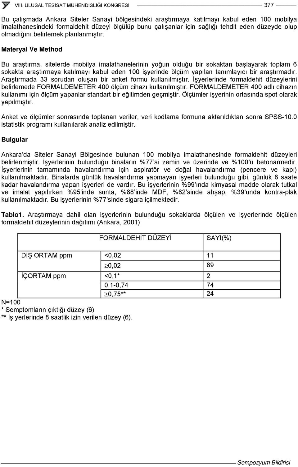 Materyal Ve Method Bu araştırma, sitelerde mobilya imalathanelerinin yoğun olduğu bir sokaktan başlayarak toplam 6 sokakta araştırmaya katılmayı kabul eden 100 işyerinde ölçüm yapılan tanımlayıcı bir