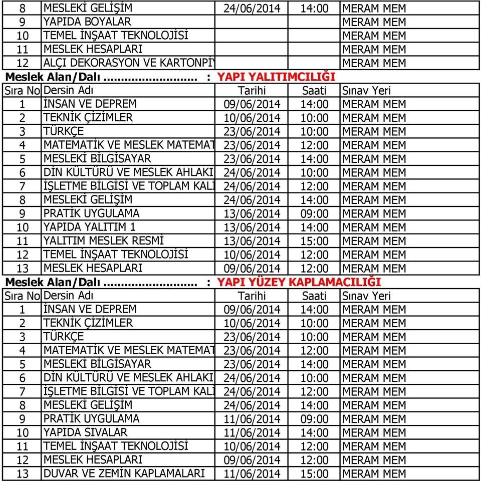 AHLAKI 24/06/2014 10:00 7 İŞLETME BİLGİSİ VE TOPLAM KALİTE 24/06/2014 YÖNETİMİ 12:00 8 MESLEKİ GELİŞİM 9 PRATİK UYGULAMA 13/06/2014 09:00 10 YAPIDA YALITIM 1 13/06/2014 14:00 11 YALITIM MESLEK RESMİ