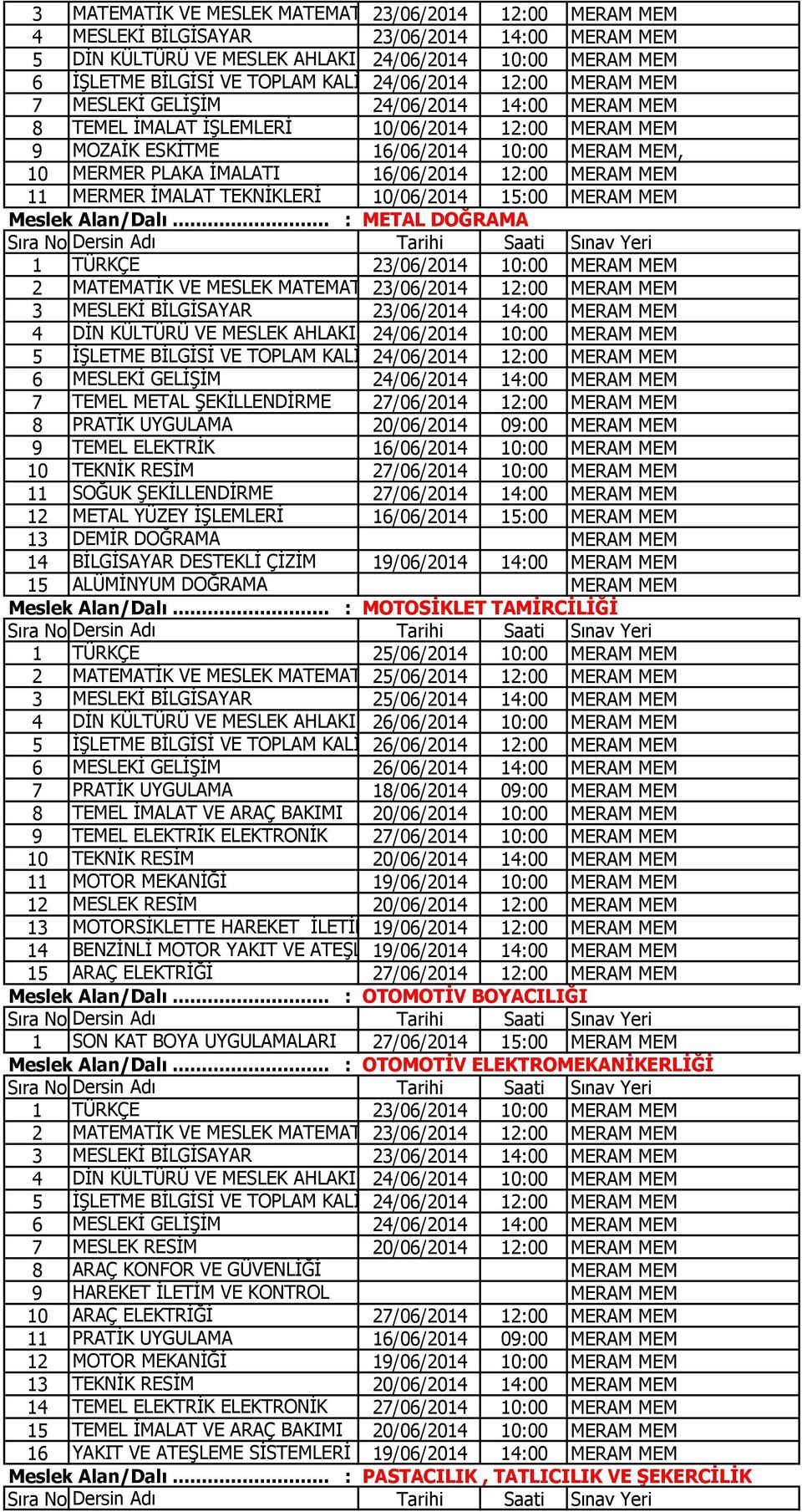 .. : METAL DOĞRAMA 2 MATEMATİK VE MESLEK MATEMATİĞİ 23/06/2014 12:00 4 DİN KÜLTÜRÜ VE MESLEK AHLAKI 24/06/2014 10:00 5 İŞLETME BİLGİSİ VE TOPLAM KALİTE 24/06/2014 YÖNETİMİ 12:00 7 TEMEL METAL