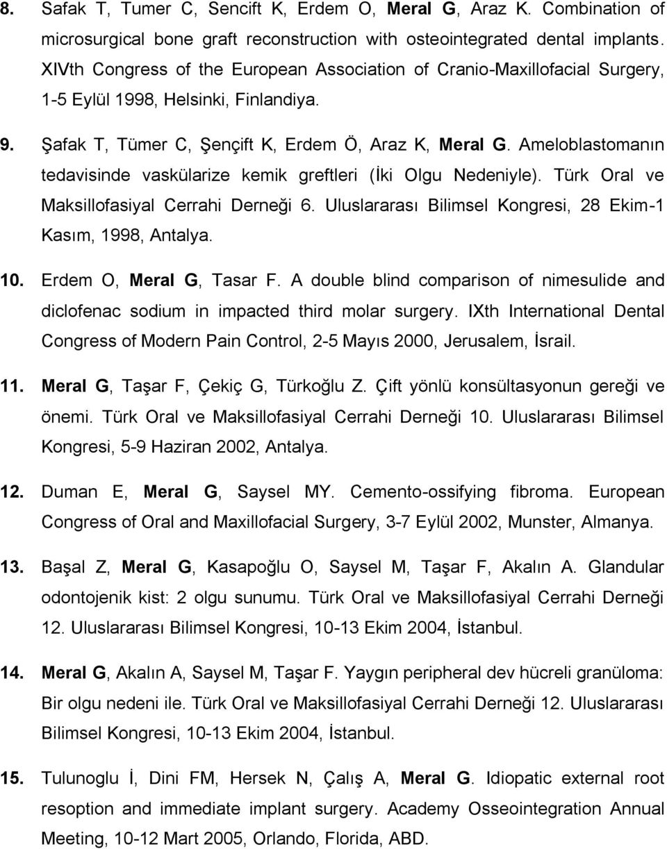Ameloblastomanın tedavisinde vaskülarize kemik greftleri (İki Olgu Nedeniyle). Türk Oral ve Maksillofasiyal Cerrahi Derneği 6. Uluslararası Bilimsel Kongresi, 28 Ekim-1 Kasım, 1998, Antalya. 10.