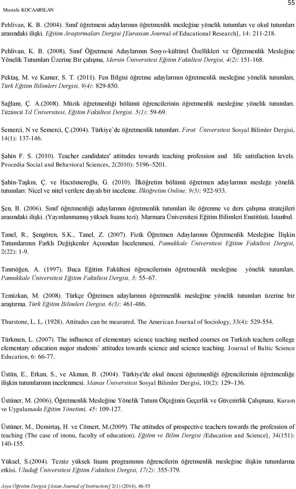 (2008), Sını Öğretmeni Adaylarının Sosyo-kültürel Özellikleri ve Öğretmenlik Mesleğine Yönelik Tutumları Üzerine Bir çalışma, Mersin Üniversitesi Eğitim Fakültesi Dergisi, 4(2): 151-168. Pektaş, M.