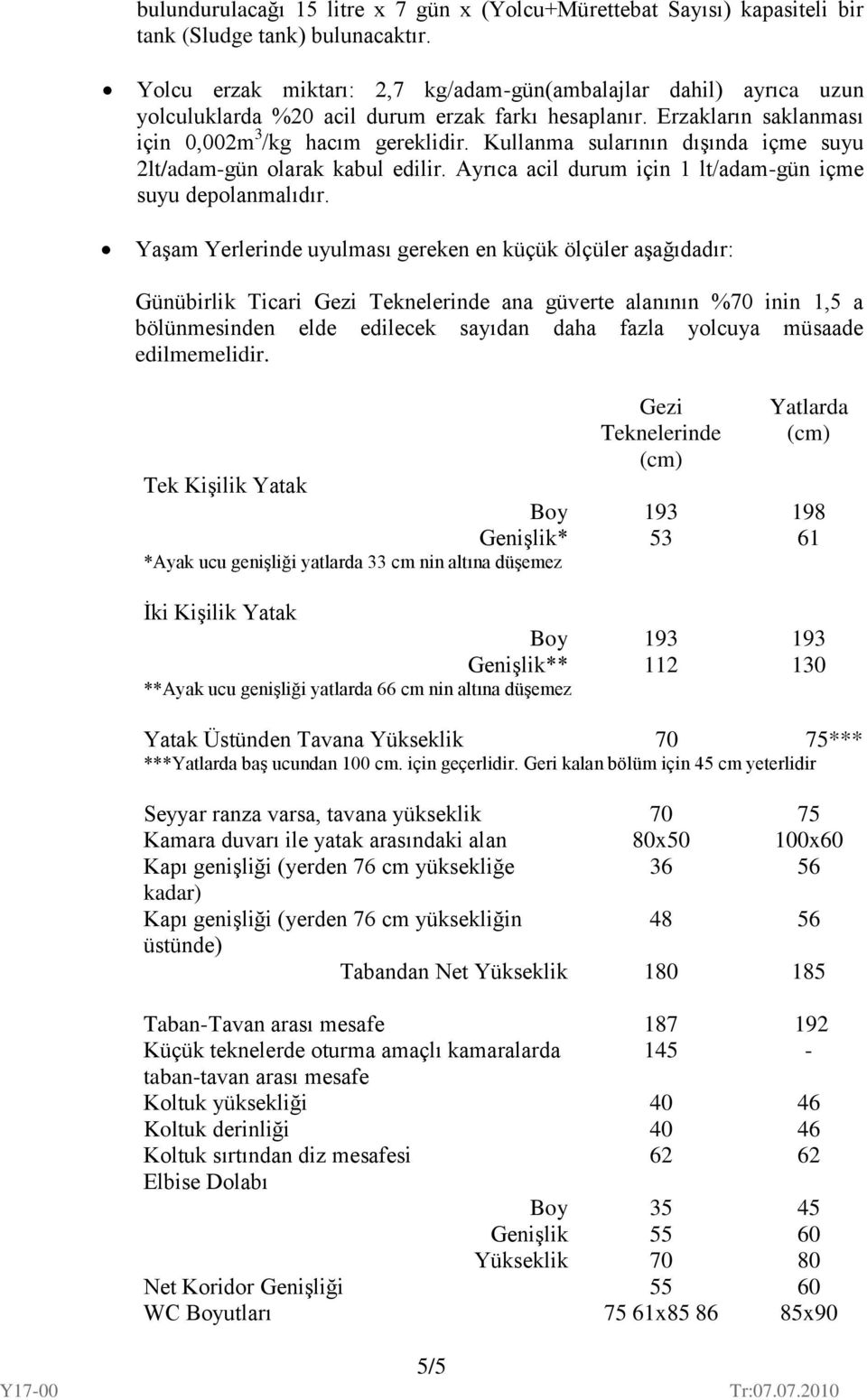 Kullanma sularının dışında içme suyu 2lt/adam-gün olarak kabul edilir. Ayrıca acil durum için 1 lt/adam-gün içme suyu depolanmalıdır.