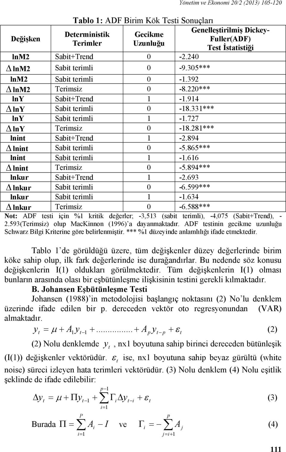 865*** lnin Sabi erimli -.66 Δ lnin Terimsiz -5.89*** lnkur SabiTrend -.693 Δ lnkur Sabi erimli -6.599*** lnkur Sabi erimli -.63 Δ lnkur Terimsiz -6.