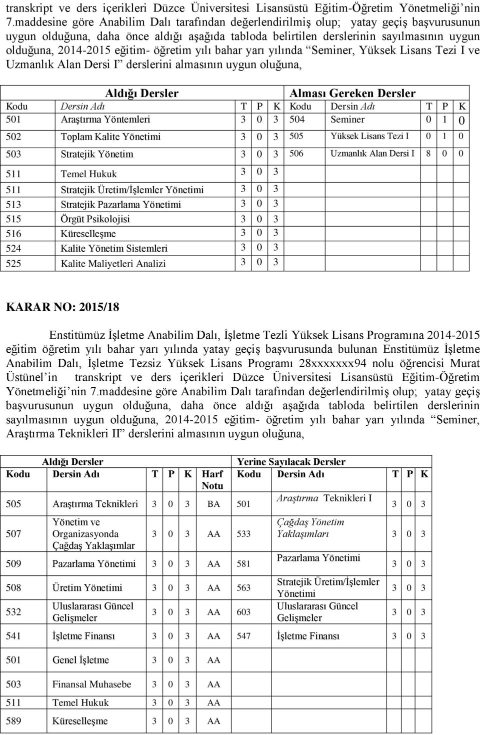 eğitim- öğretim yılı bahar yarı yılında Seminer, Tezi I ve Uzmanlık Alan Dersi I derslerini almasının uygun oluğuna, Alması Gereken Dersler Kodu Dersin Adı T P K Kodu Dersin Adı T P K 501 Araştırma