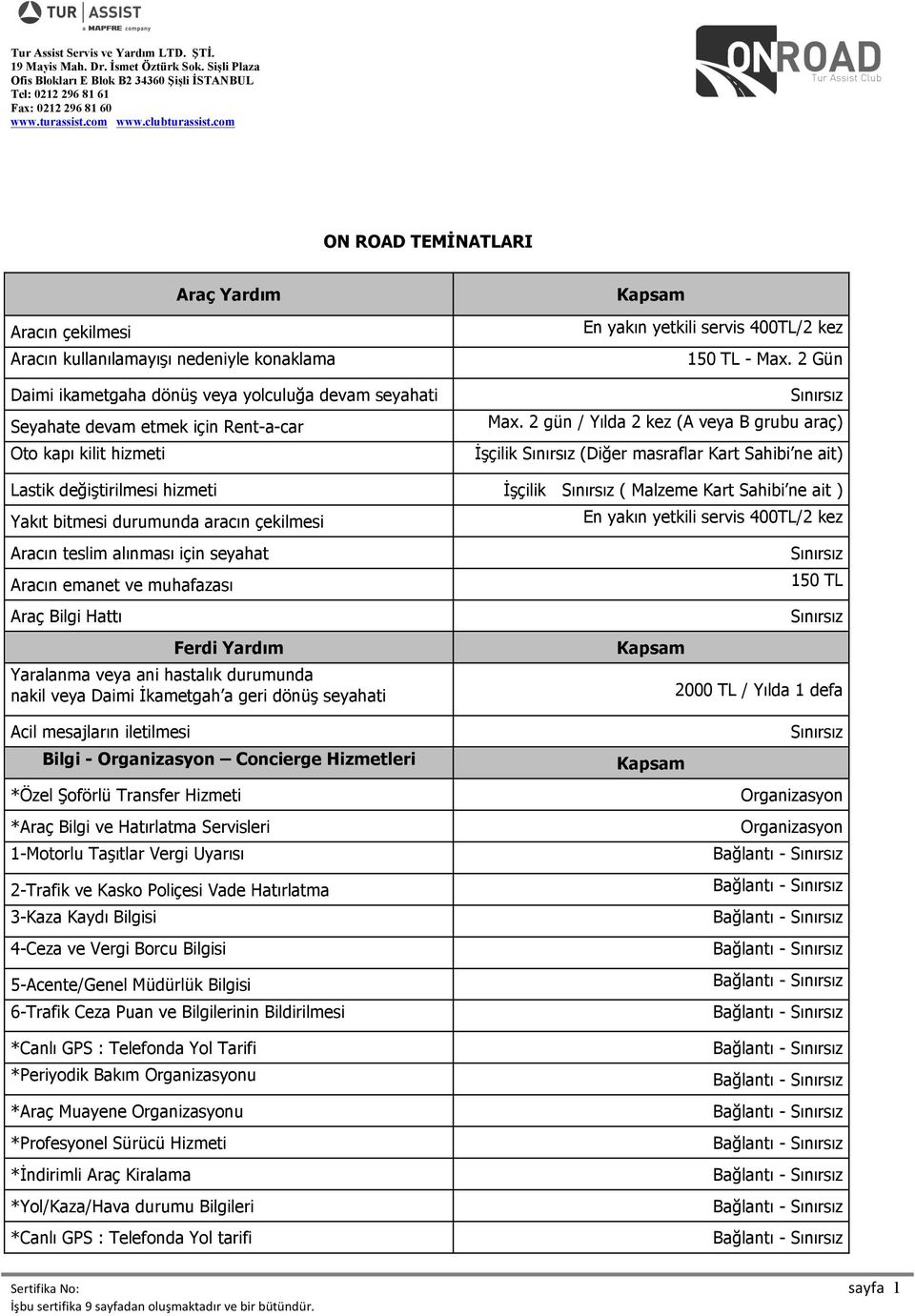 2 gün / Yılda 2 kez (A veya B grubu araç) İşçilik Sınırsız (Diğer masraflar Kart Sahibi ne ait) Lastik değiştirilmesi hizmeti İşçilik Sınırsız ( Malzeme Kart Sahibi ne ait ) Yakıt bitmesi durumunda