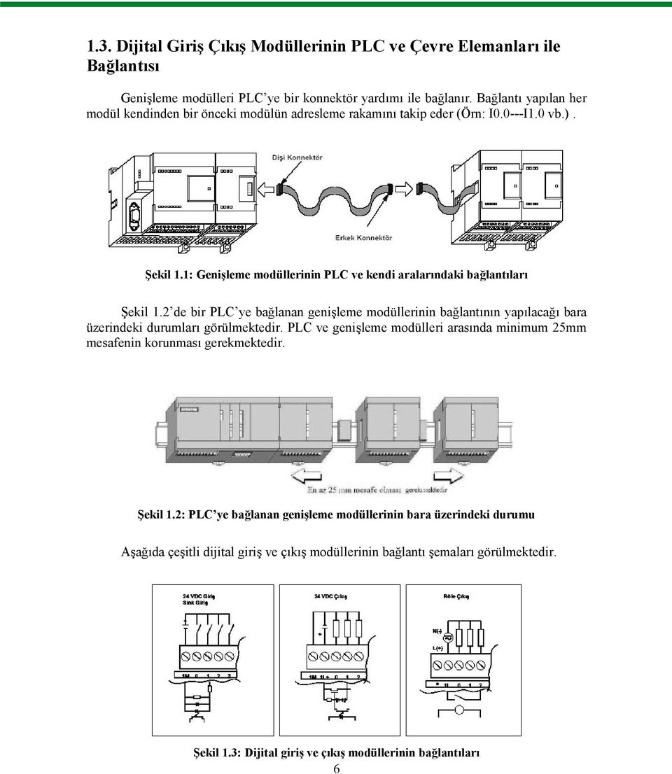 1: Genişleme modüllerinin PLC ve kendi aralarındaki bağlantıları Şekil 1.2 de bir PLC ye bağlanan genişleme modüllerinin bağlantının yapılacağı bara üzerindeki durumları görülmektedir.