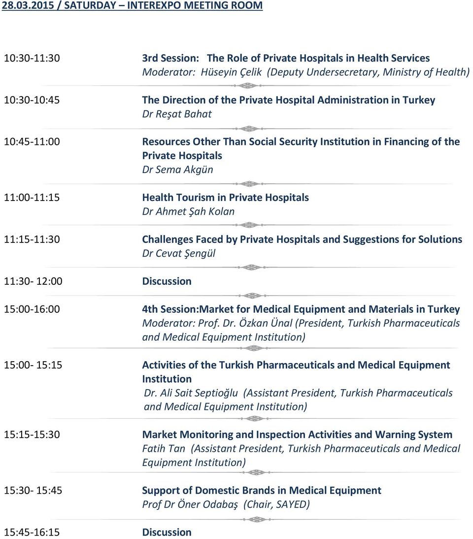 Direction of the Private Hospital Administration in Turkey Dr Reşat Bahat 10:45-11:00 Resources Other Than Social Security Institution in Financing of the Private Hospitals Dr Sema Akgün 11:00-11:15