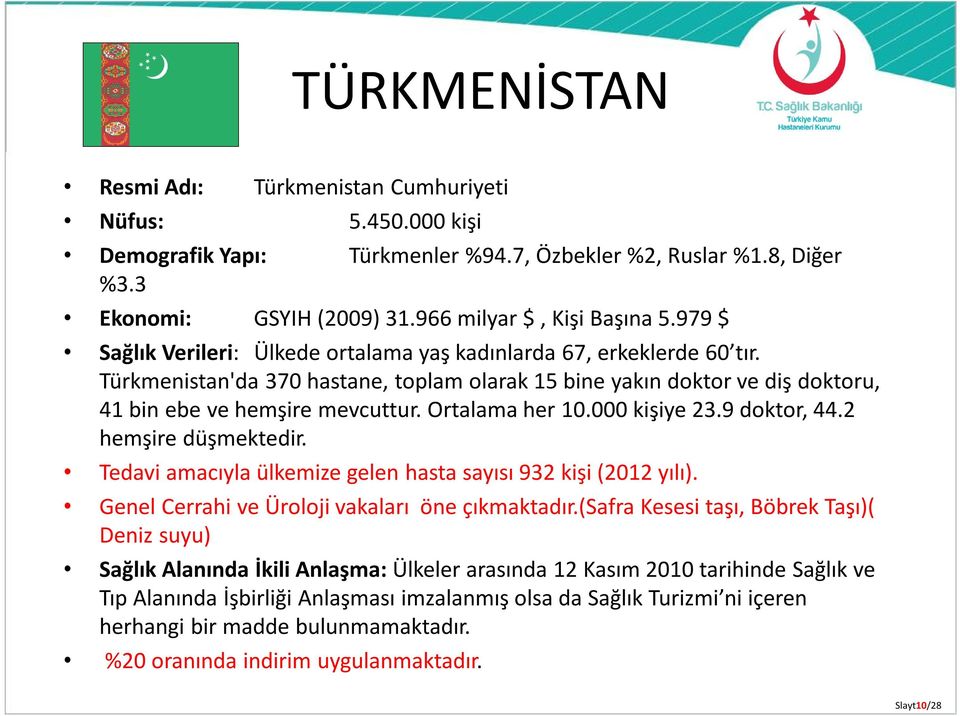 Ortalama her 10.000 kişiye 23.9 doktor, 44.2 hemşire düşmektedir. Tedavi amacıyla ülkemize gelen hasta sayısı 932 kişi (2012 yılı). Genel Cerrahi ve Üroloji vakaları öne çıkmaktadır.