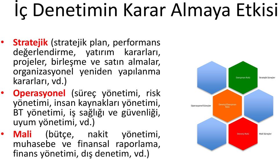 ) Operasyonel (süreç yönetimi, risk yönetimi, insan kaynakları yönetimi, BT yönetimi, iş sağlığı ve güvenliği, uyum yönetimi, vd.