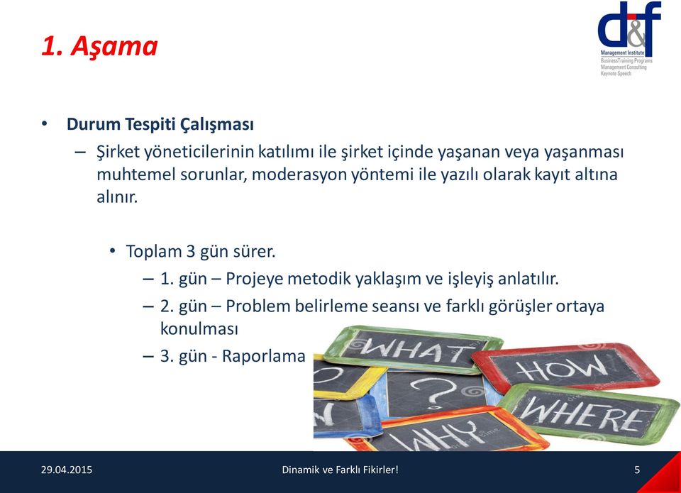 Toplam 3 gün sürer. 1. gün Projeye metodik yaklaşım ve işleyiş anlatılır. 2.