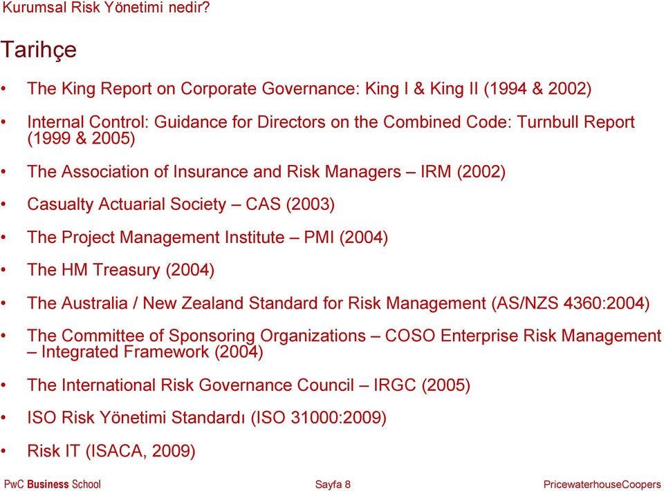 2005) The Association of Insurance and Risk Managers IRM (2002) Casualty Actuarial Society CAS (2003) The Project Management Institute PMI (2004) The HM Treasury