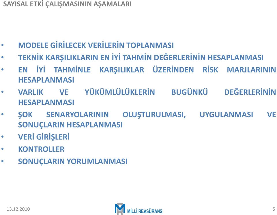 HESAPLANMASI VARLIK VE YÜKÜMLÜLÜKLERİN BUGÜNKÜ DEĞERLERİNİN HESAPLANMASI ŞOK SENARYOLARININ