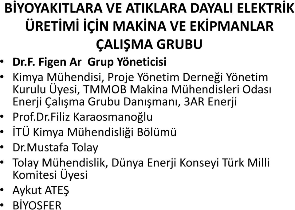 Mühendisleri Odası Enerji Çalışma Grubu Danışmanı, 3AR Enerji Prof.Dr.