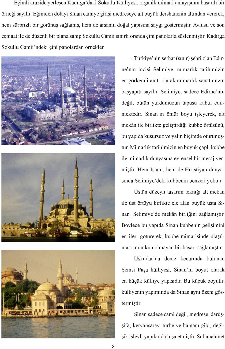 Avlusu ve son cemaat ile de düzenli bir plana sahip Sokullu Camii sınırlı oranda çini panolarla süslenmiştir. Kadırga Sokullu Camii ndeki çini panolardan örnekler.