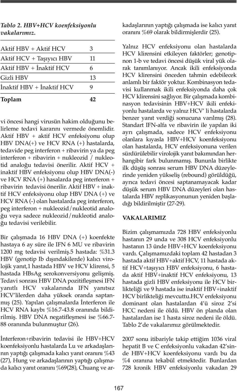 önemlidir. Aktif HBV aktif HCV enfeksiyonu olup HBV DNA() ve HCV RNA () hastalarda, tedavide peg interferon ribavirin ya da peg interferon ribavirin nukleozid / nukleotid analoğu tedavisi önerilir.