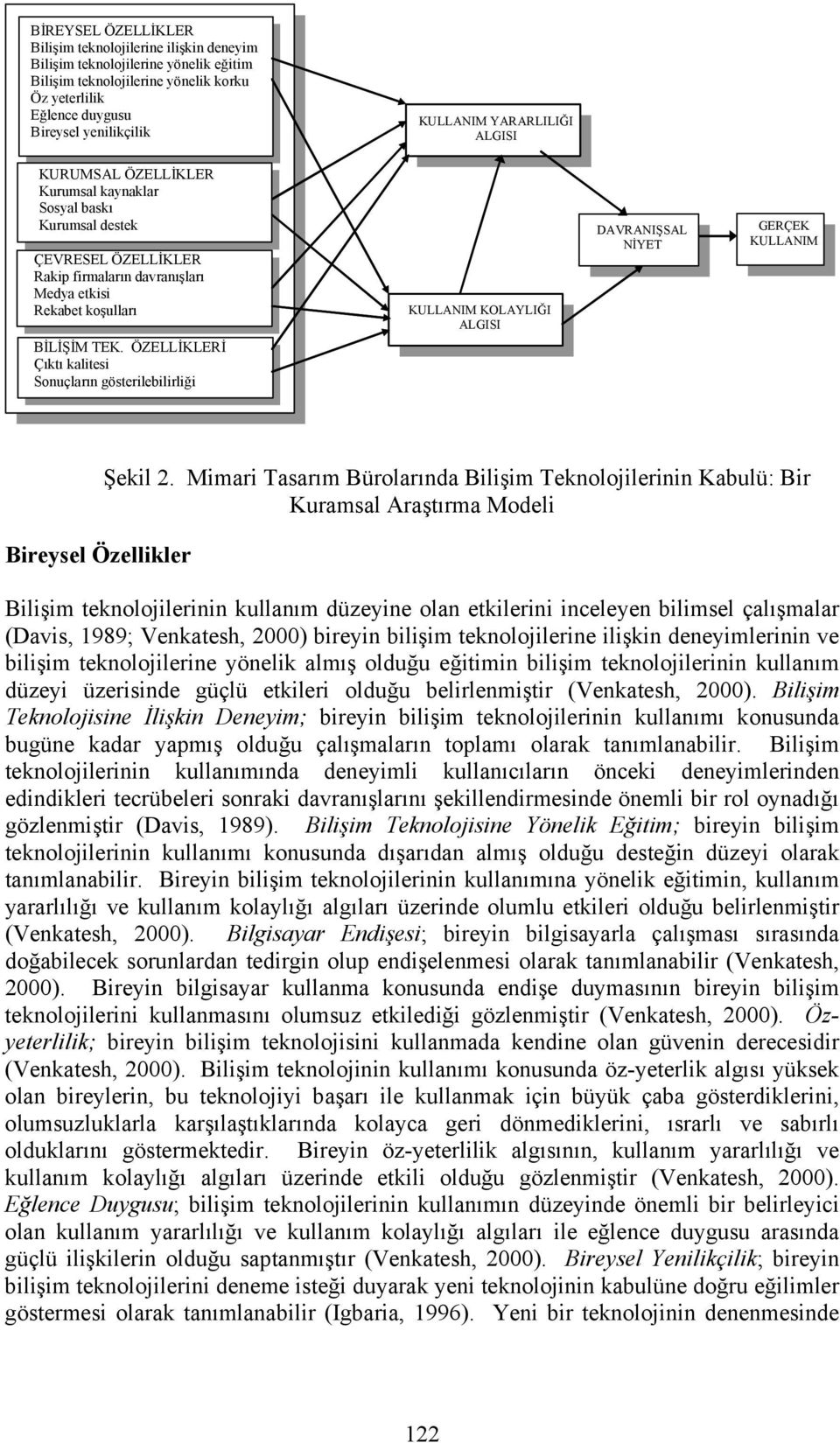 ÖZELLİKLERİ Çıktı kalitesi Sonuçların gösterilebilirliği KULLANIM KOLAYLIĞI ALGISI DAVRANIŞSAL NİYET GERÇEK KULLANIM Bireysel Özellikler Şekil 2.