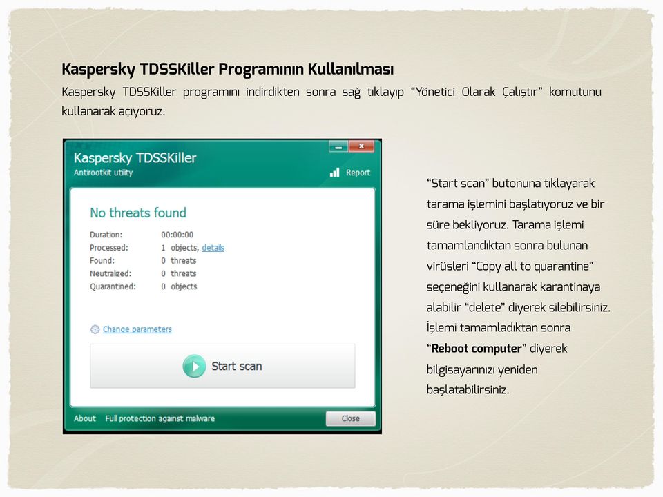 Start scan butonuna tıklayarak tarama işlemini başlatıyoruz ve bir süre bekliyoruz.