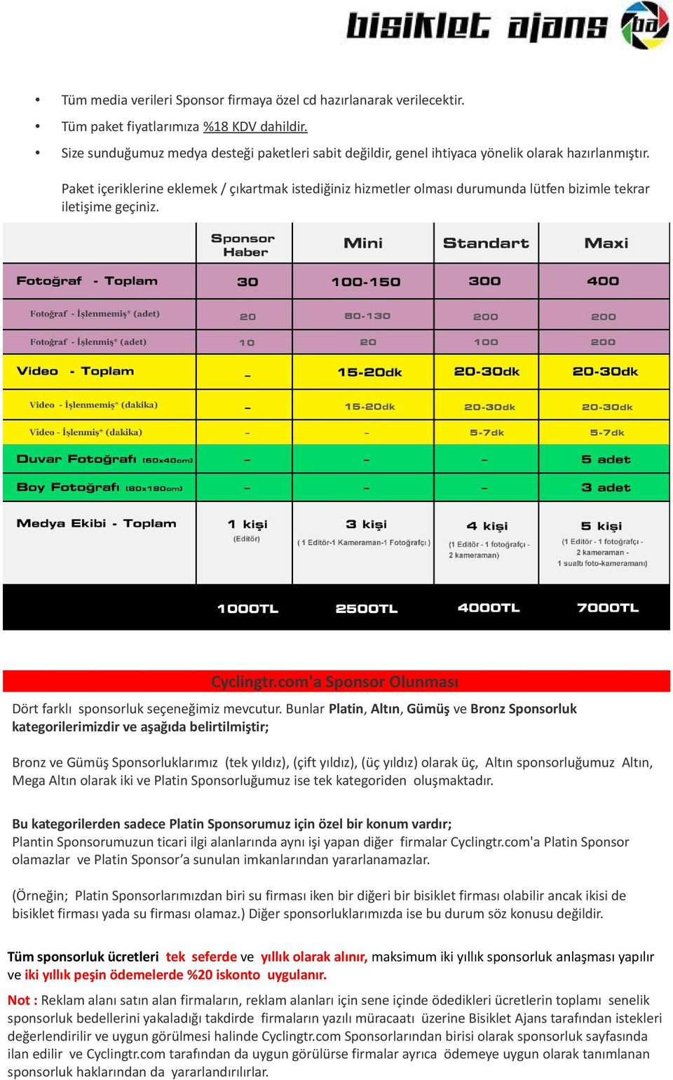 Paket içeriklerine eklemek / çıkartmak istediğiniz hizmetler olması durumunda lütfen bizimle tekrar iletişime geçiniz. Cyclingtr.com'a Sponsor Olunması Dört farklı sponsorluk seçeneğimiz mevcutur.