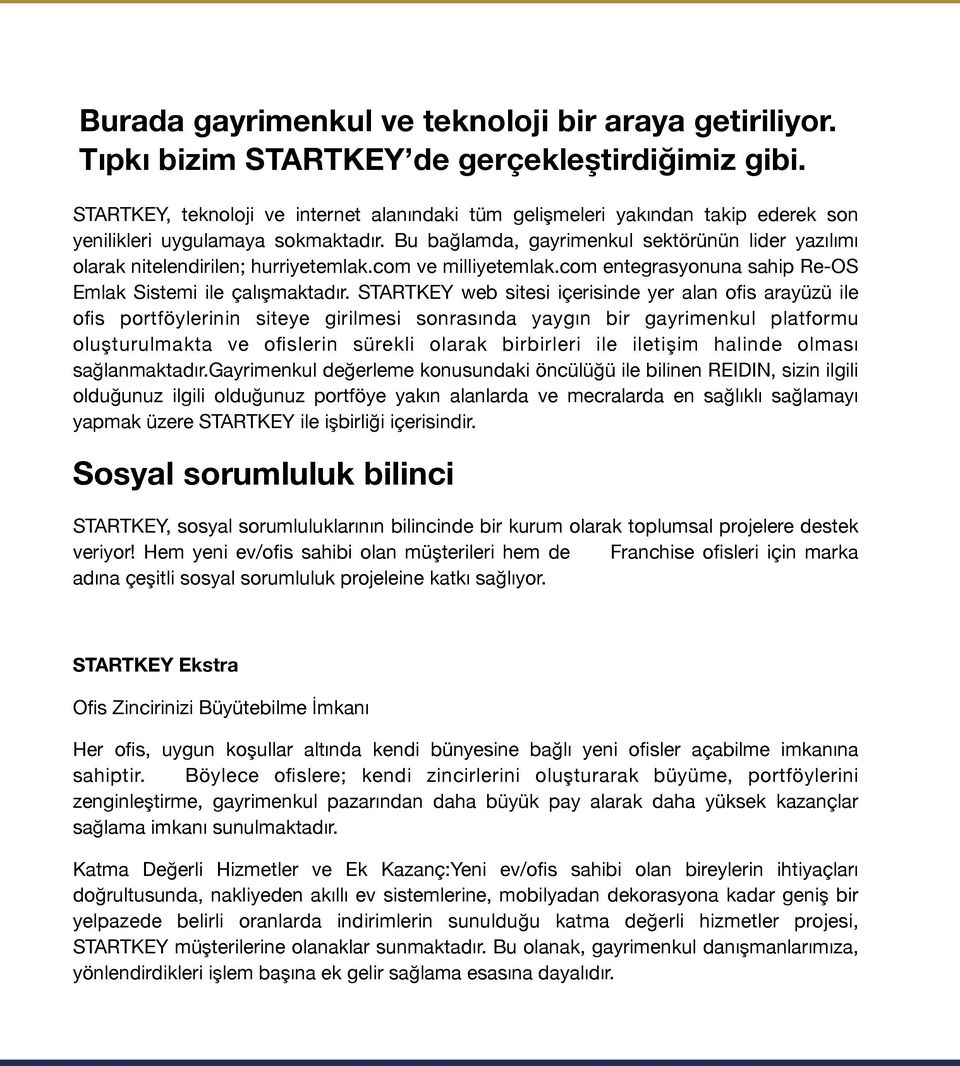 Bu bağlamda, gayrimenkul sektörünün lider yazılımı olarak nitelendirilen; hurriyetemlak.com ve milliyetemlak.com entegrasyonuna sahip Re-OS Emlak Sistemi ile çalışmaktadır.