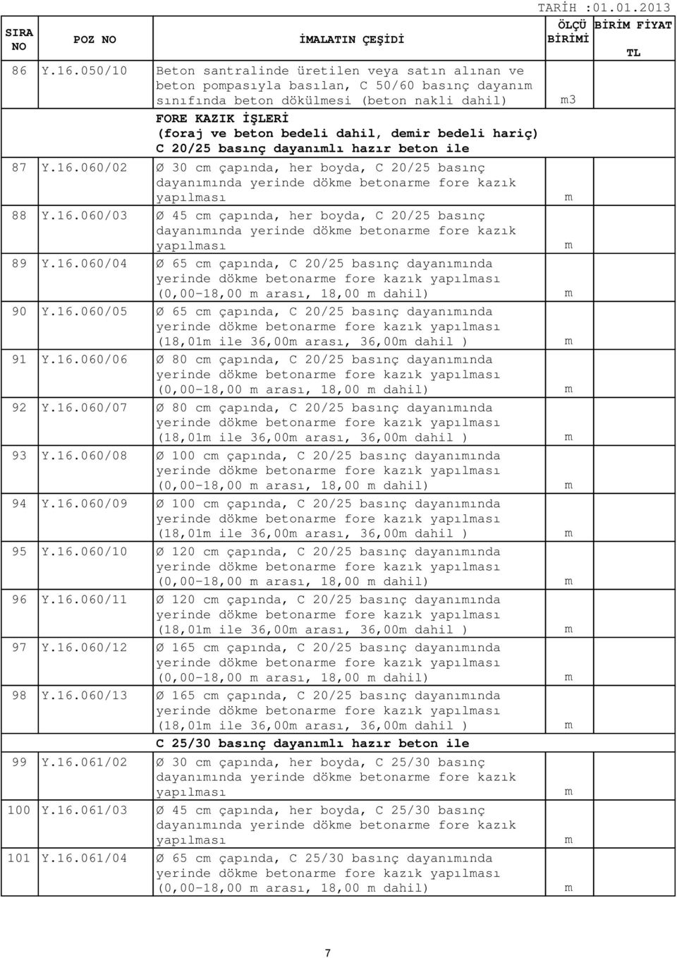 deir bedeli hariç) C 20/25 basınç dayanılı hazır beton ile Y.16.060/02 Y.16.060/03 Y.16.060/04 Y.16.060/05 Y.16.060/06 Y.16.060/07 Y.16.060/08 Y.16.060/09 Y.16.060/10 Y.16.060/11 Y.16.060/12 Y.16.060/13 Y.