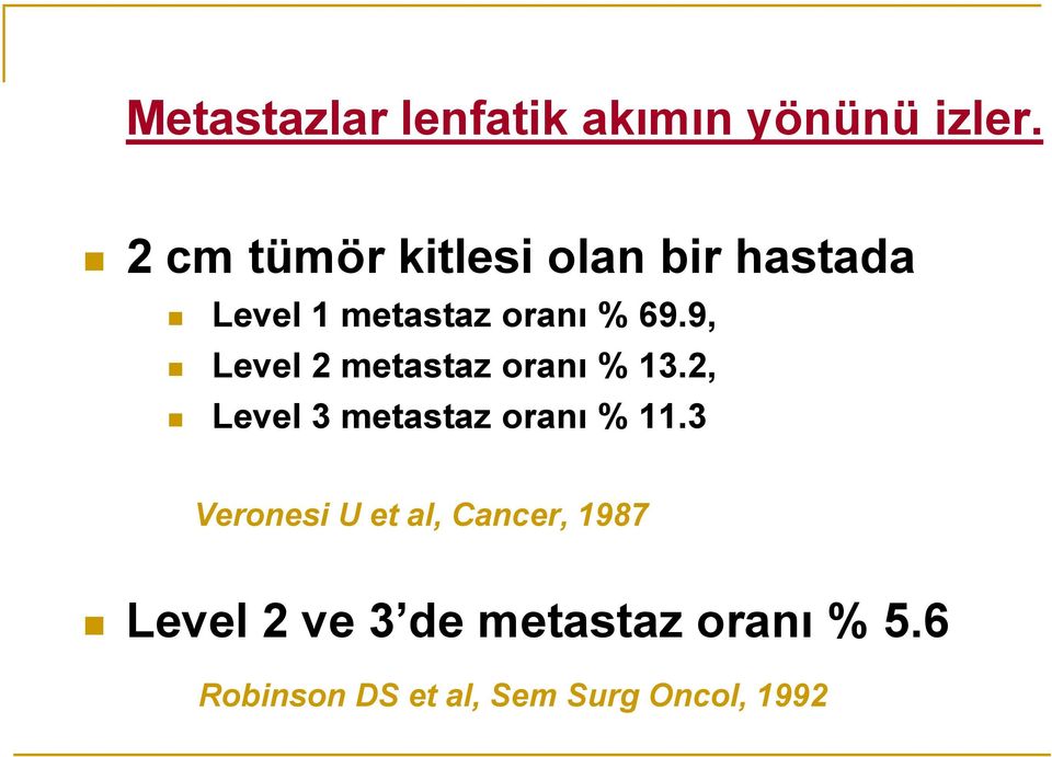 9, Level 2 metastaz oranı % 13.2, Level 3 metastaz oranı % 11.