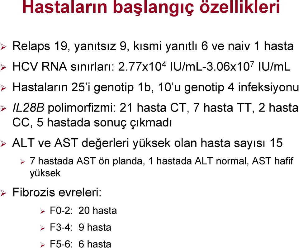 06x10 7 IU/mL Hastaların 25 i genotip 1b, 10 u genotip 4 infeksiyonu IL28B polimorfizmi: 21 hasta CT, 7 hasta