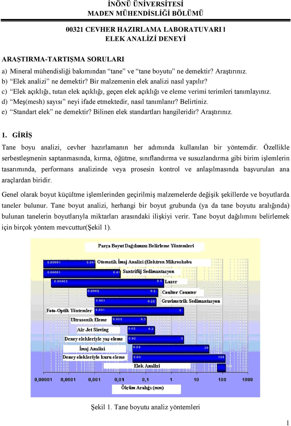 d) Meş(mesh) sayısı neyi ifade etmektedir, nasıl tanımlanır? Belirtiniz. e) Standart elek ne demektir? Bilinen elek standartları hangileridir? Araştırınız. 1.