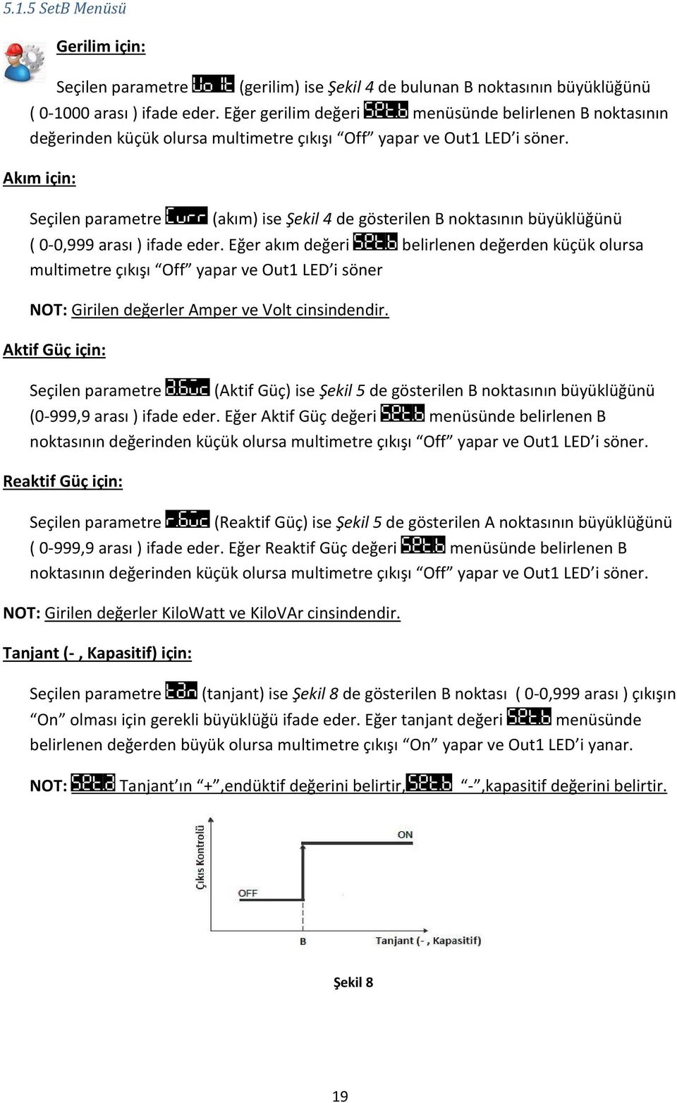 Akım için: Seçilen parametre Curr (akım) ise Şekil 4 de gösterilen B noktasının büyüklüğünü ( 0-0,999 arası ) ifade eder. Eğer akım değeri Set.