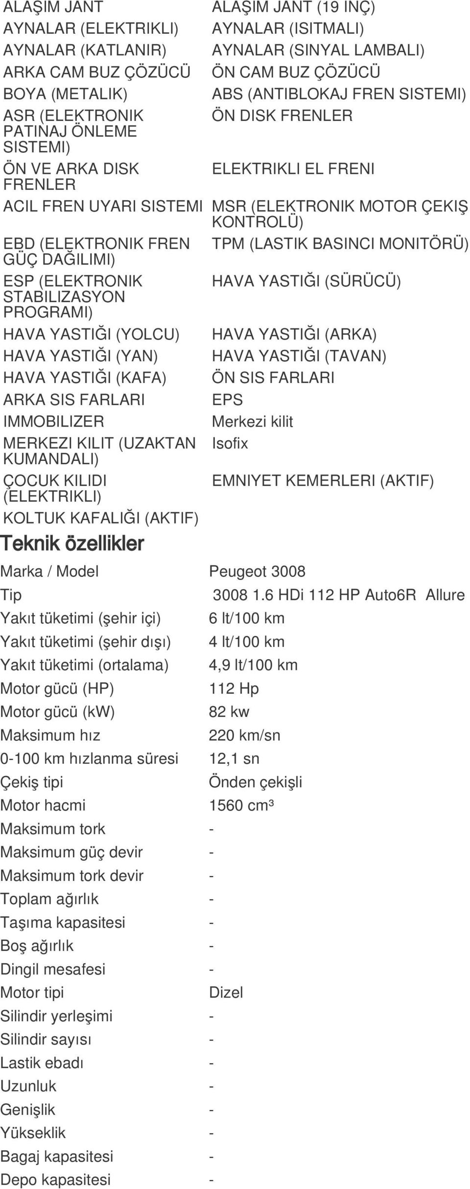 BASINCI MONITÖRÜ) GÜÇ DAĞILIMI) ESP (ELEKTRONIK HAVA YASTIĞI (SÜRÜCÜ) STABILIZASYON PROGRAMI) HAVA YASTIĞI (YOLCU) HAVA YASTIĞI (ARKA) HAVA YASTIĞI (YAN) HAVA YASTIĞI (TAVAN) HAVA YASTIĞI (KAFA) ÖN