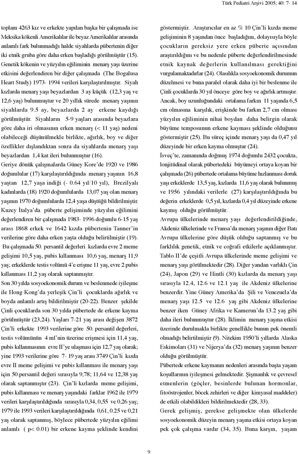Genetik kökenin ve yüzyılın eğiliminin menarş yaşı üzerine etkisini değerlendiren bir diğer çalışmada (The Bogalusa Heart Study) 1973-1994 verileri karşılaştırılmıştır.