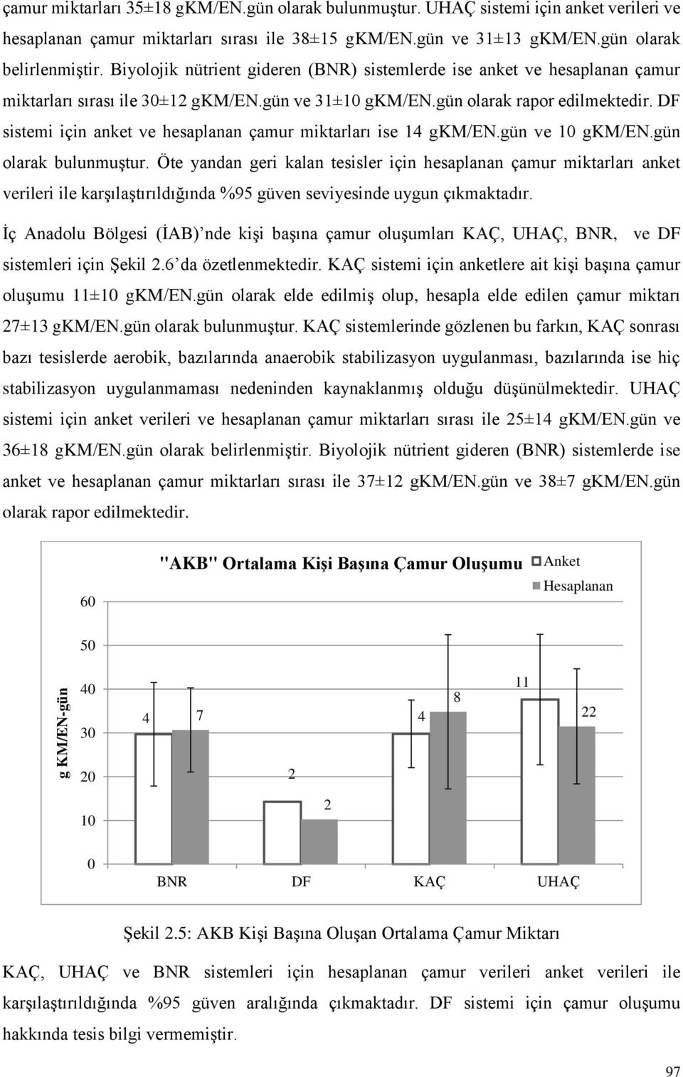 DF sistemi için anket ve hesaplanan çamur miktarları ise 14 gkm/en.gün ve gkm/en.gün olarak bulunmuştur.