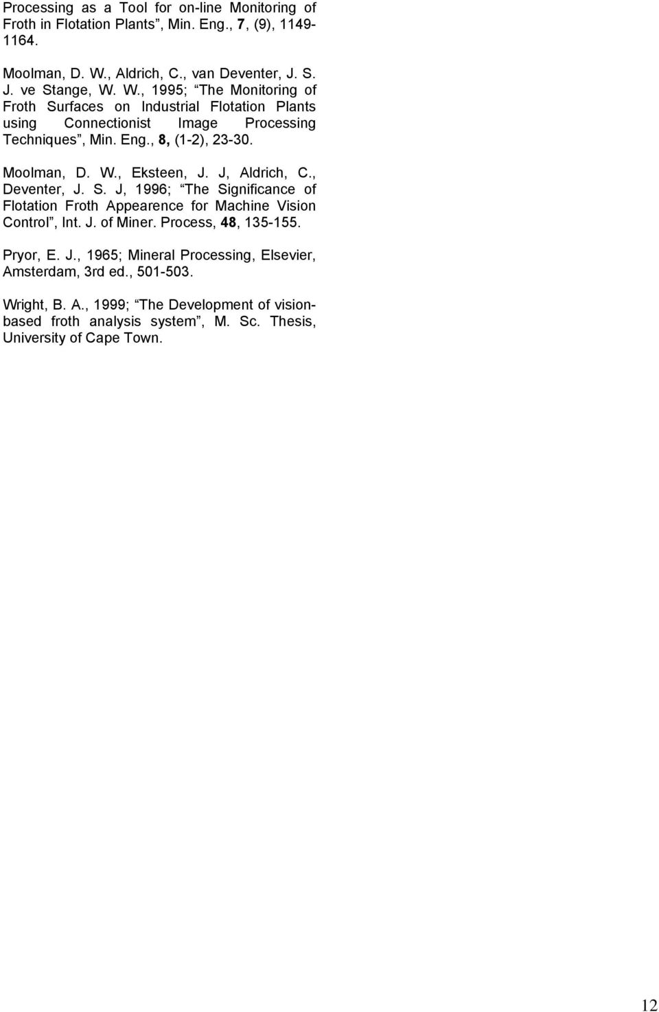 W., 99; The Monitoring of Froth Surfaces on Industrial Flotation Plants using Connectionist Image Processing Techniques, Min. Eng., 8, (-), -. Moolman, D. W.