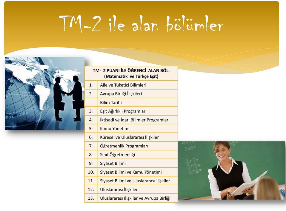Kamu Yönetimi 6. Küresel ve Uluslararası İlişkiler 7. Öğretmenlik Programları 8. Sınıf Öğretmenliği 9. Siyaset Bilimi 10.