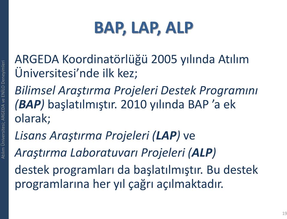 2010 yılında BAP a ek olarak; Lisans Araştırma Projeleri (LAP) ve Araştırma