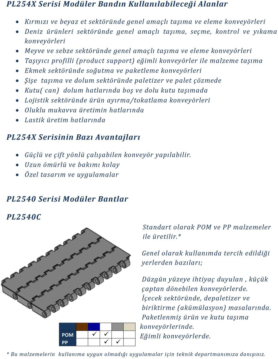 konveyörleri Şişe taşıma ve dolum sektöründe paletizer ve palet çözmede Kutu( can) dolum hatlarında boş ve dolu kutu taşımada Lojistik sektöründe ürün ayırma/tokatlama konveyörleri Oluklu mukavva