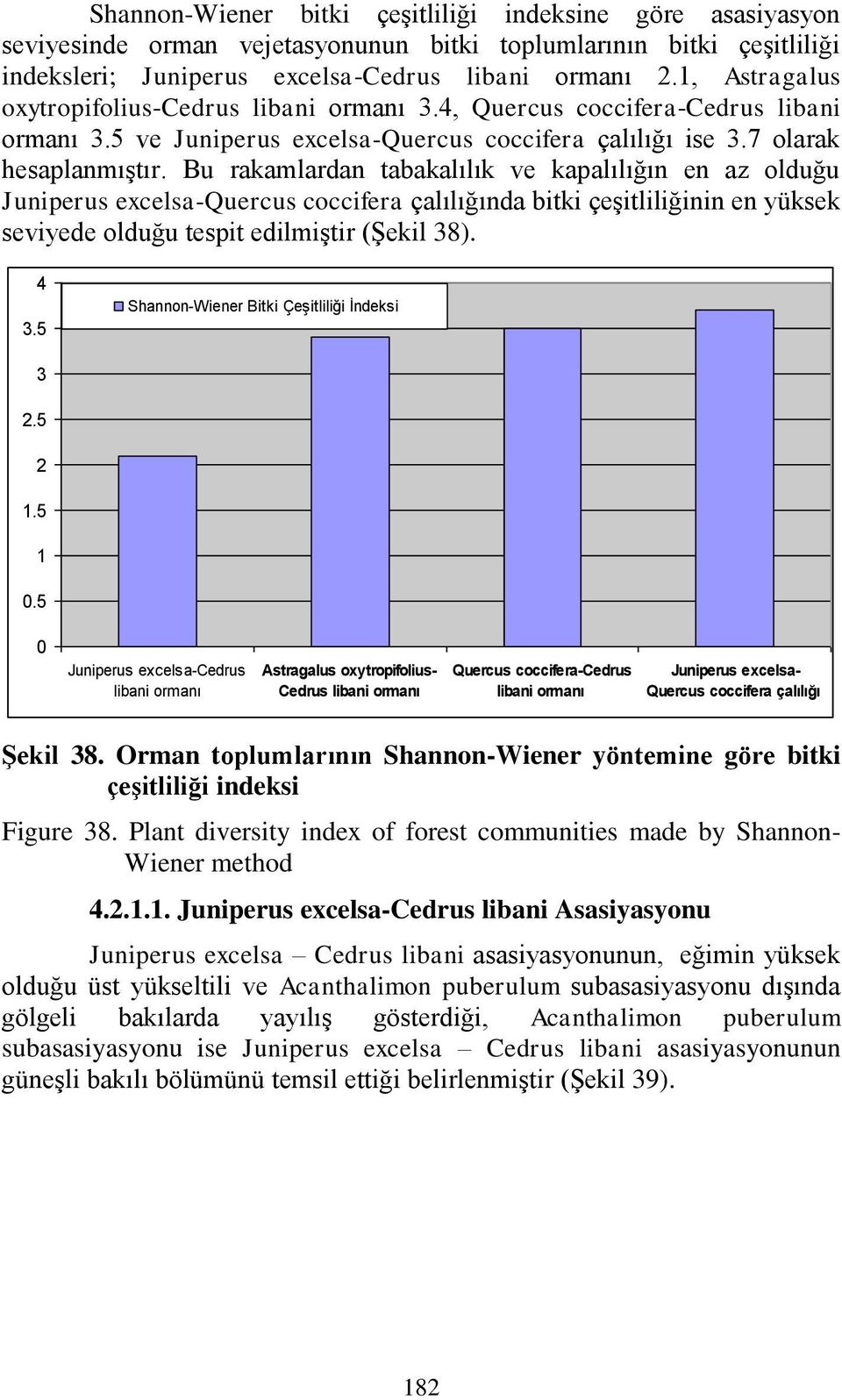 Bu rakamlardan tabakalılık ve kapalılığın en az olduğu Juniperus excelsa-quercus coccifera çalılığında bitki çeģitliliğinin en yüksek seviyede olduğu tespit edilmiģtir (ġekil 38). 4 3.