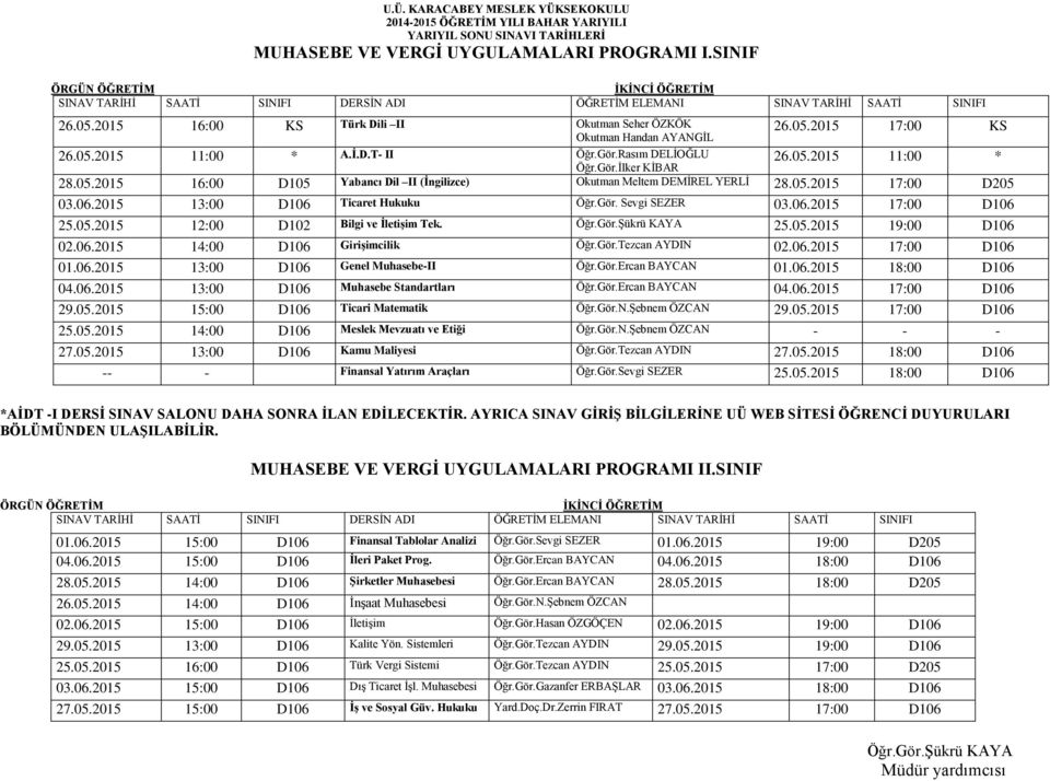 05.2015 17:00 D205 03.06.2015 13:00 D106 Ticaret Hukuku Öğr.Gör. Sevgi SEZER 03.06.2015 17:00 D106 25.05.2015 12:00 D102 Bilgi ve İletişim Tek. 25.05.2015 19:00 D106 02.06.2015 14:00 D106 Girişimcilik Öğr.