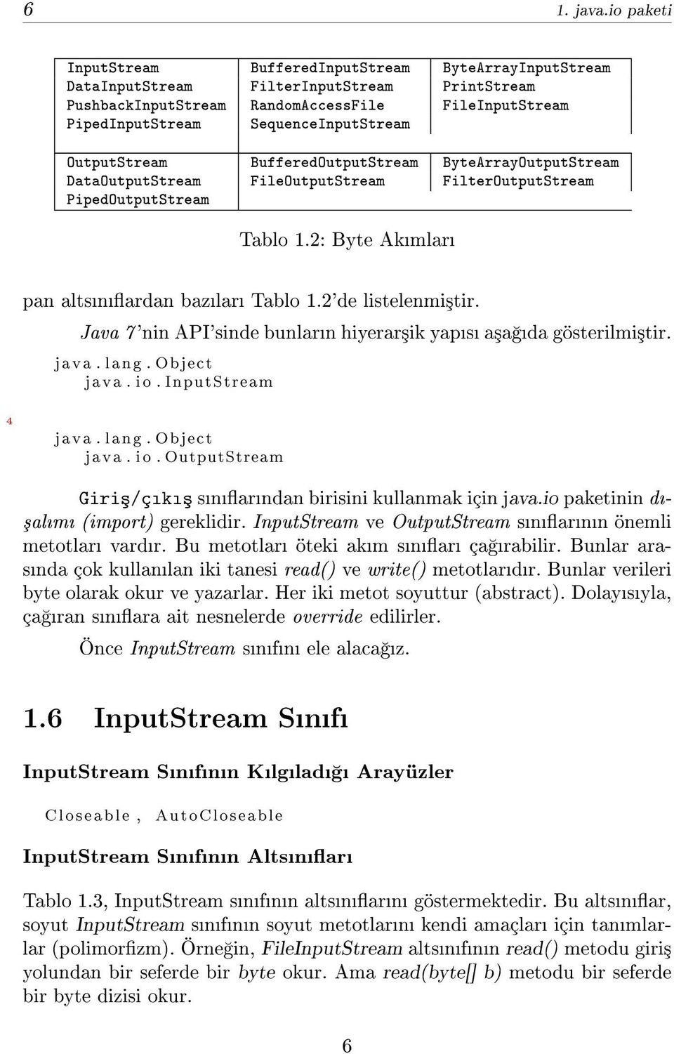 OutputStream BufferedOutputStream ByteArrayOutputStream DataOutputStream FileOutputStream FilterOutputStream PipedOutputStream Tablo 1.2: Byte Akmlar pan altsnardan bazlar Tablo 1.2'de listelenmi³tir.