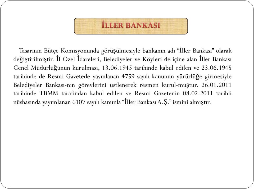 06.1945 tarihinde de Resmi Gazetede yayınlanan 4759 sayılı kanunun yürürlüğe girmesiyle Belediyeler Bankası-nın görevlerini üstlenerek