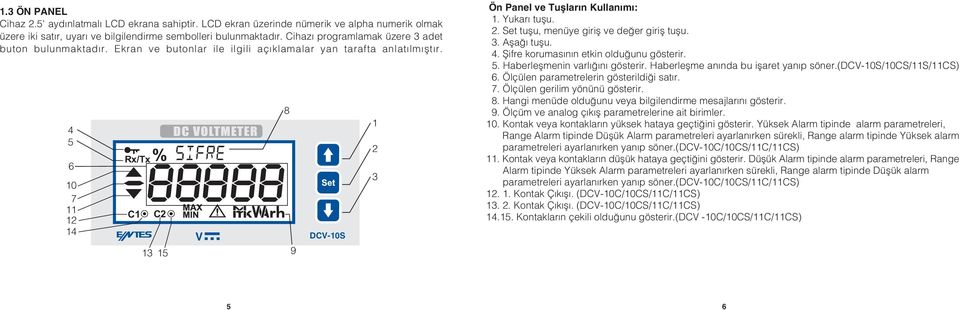 4 5 6 10 7 11 12 14 DC OLTMETER Rx/Tx% SIFRE 88888 C1 C2 13 15 8 9 DC-10S 1 2 3 Ön Panel ve Tuþlarýn Kullanýmý: 1. Yukarý tuþu. 2. Set tuþu, menüye giriþ ve deðer giriþ tuþu. 3. Aþaðý tuþu. 4.