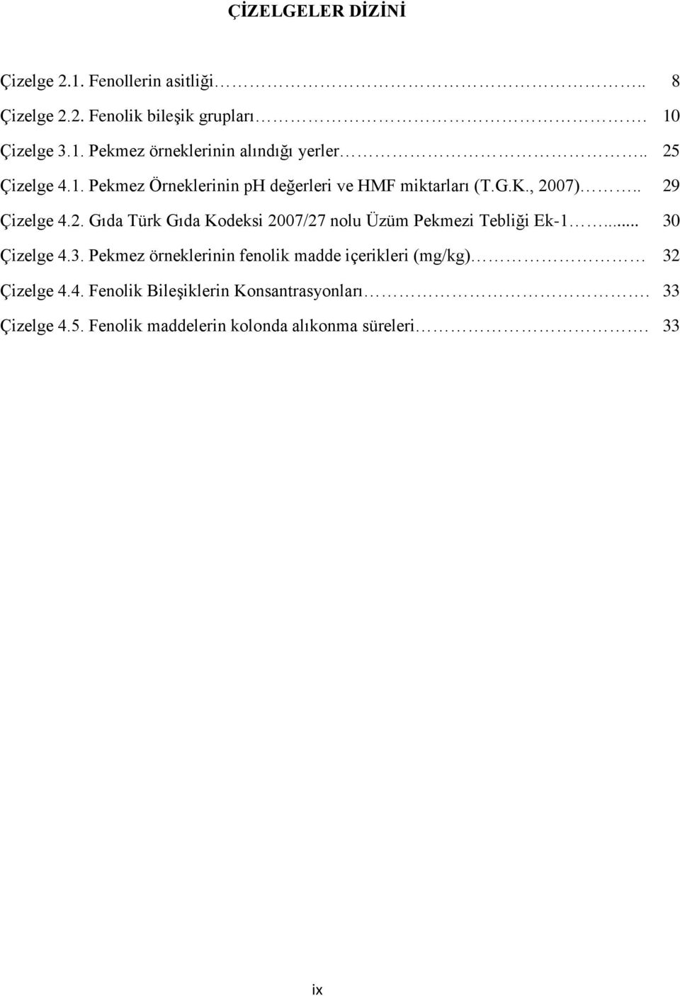 07).. Çizelge 4.2. Gıda Türk Gıda Kodeksi 2007/27 nolu Üzüm Pekmezi Tebliği Ek-1... Çizelge 4.3.