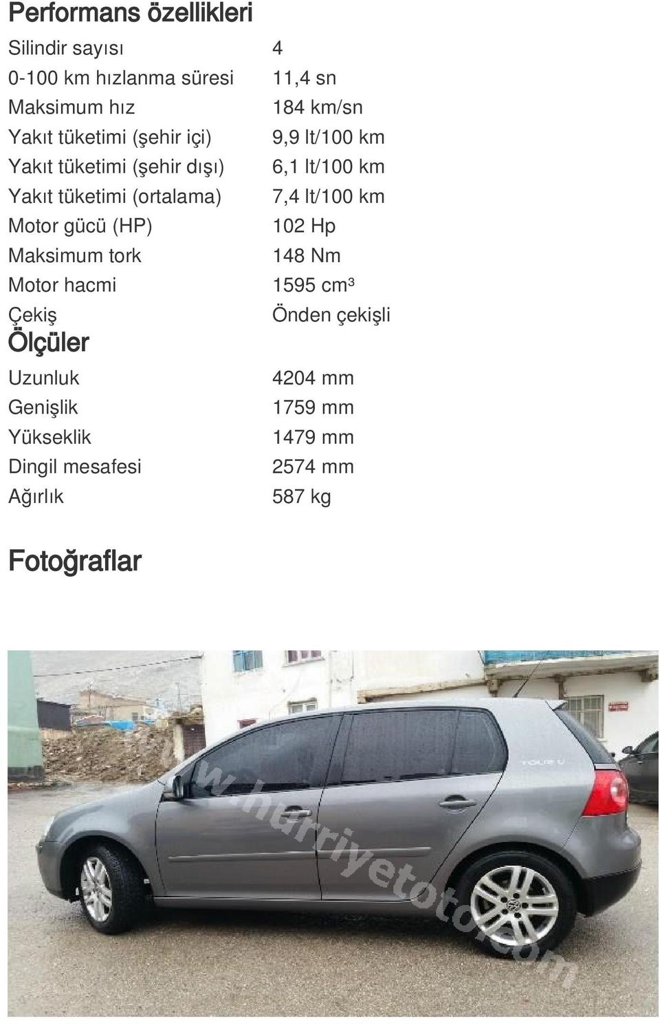 7,4 lt/100 km Motor gücü (HP) 102 Hp Maksimum tork 148 Nm Motor hacmi 1595 cm³ Çekiş Ölçüler Uzunluk