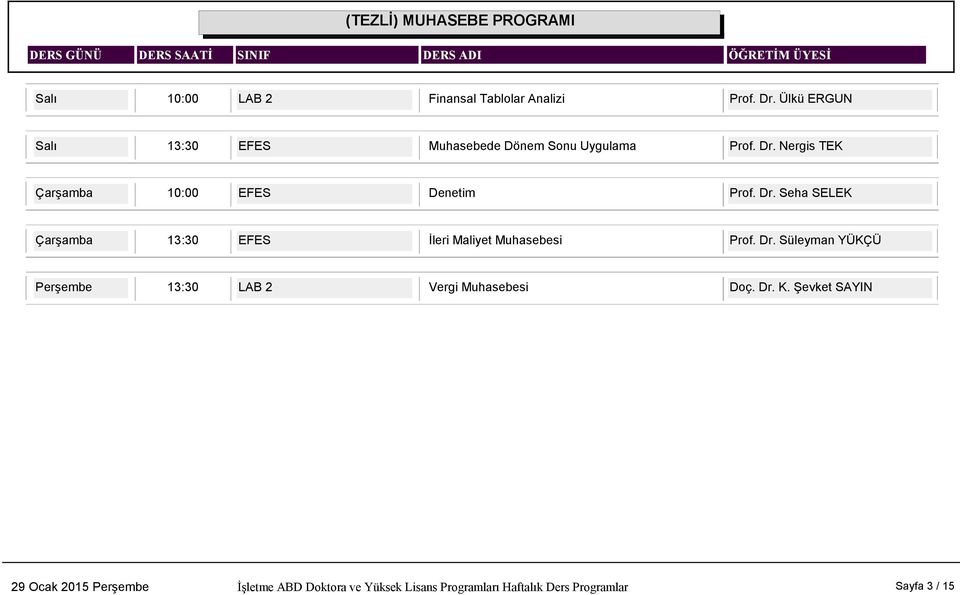 Nergis TEK Çarşamba 10:00 EFES Denetim Prof. Dr.