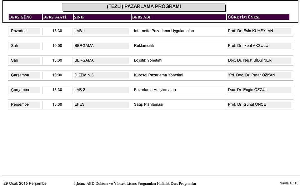 Dr. Nejat BİLGİNER Çarşamba 10:00 D ZEMİN 3 Küresel Pazarlama Yönetimi Yrd. Doç. Dr.