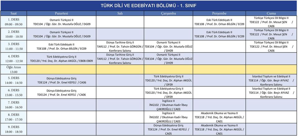 SINIF Dünya Tarihine Giriş II Osmanlı Türkçesi II TAR112 / Prof. Dr. Tahsin GÖRGÜN / TDE104 / Öğr. Gör. Dr. Mustafa OĞUZ / DH09 Dünya Tarihine Giriş II Osmanlı Türkçesi II TAR112 / Prof. Dr. Tahsin GÖRGÜN / TDE104 / Öğr. Gör. Dr. Mustafa OĞUZ / DH09 Türk Edebiyatına Giriş II TDE120 / Yrd.