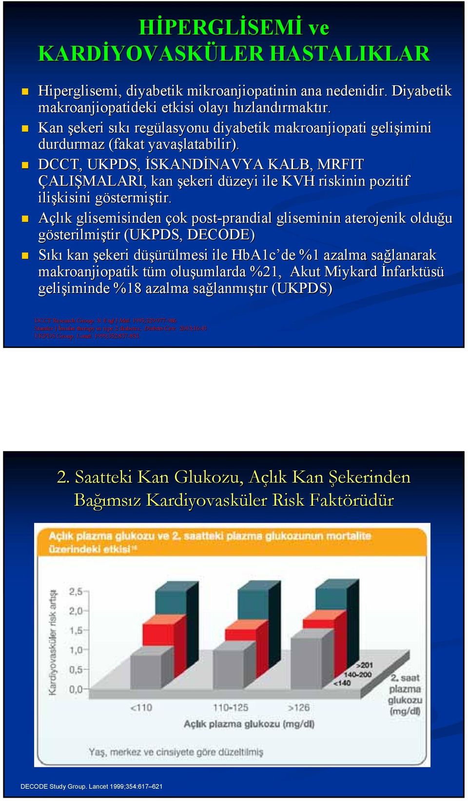 DCCT, UKPDS, İSKANDİNAVYA KALB, MRFIT ÇALIŞMALARI, kan şekeri düzeyi d ile KVH riskinin pozitif ilişkisini göstermiştir.